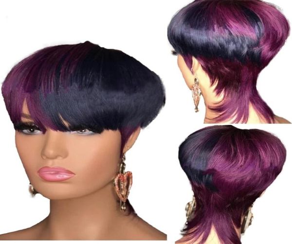 Ombre Highlight Rose Purple Color Remy Human Hair Wigs Pixie Cut Bob Brazilian Straitement sans linage Front Pernu