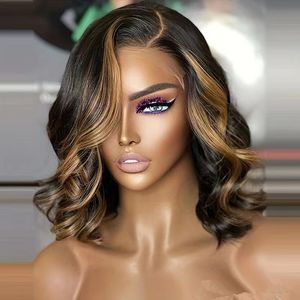 Ombre Highlight Perruque Brun Miel Blonde Couleur ondulée Bob HD Entier Avant de Lacet Perruques de Cheveux Humains Droite Pleine 360 Frontale Remy Partie latérale 180%