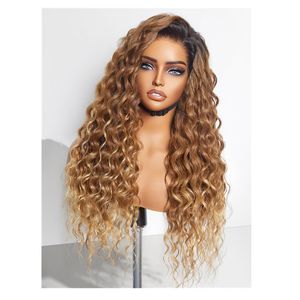 Ombre Highlight Wig Brown Honey Blonde coloré HD Lace entier Front les cheveux humains Pernes en eau profonde Full 360 Frontal Wiges Remy