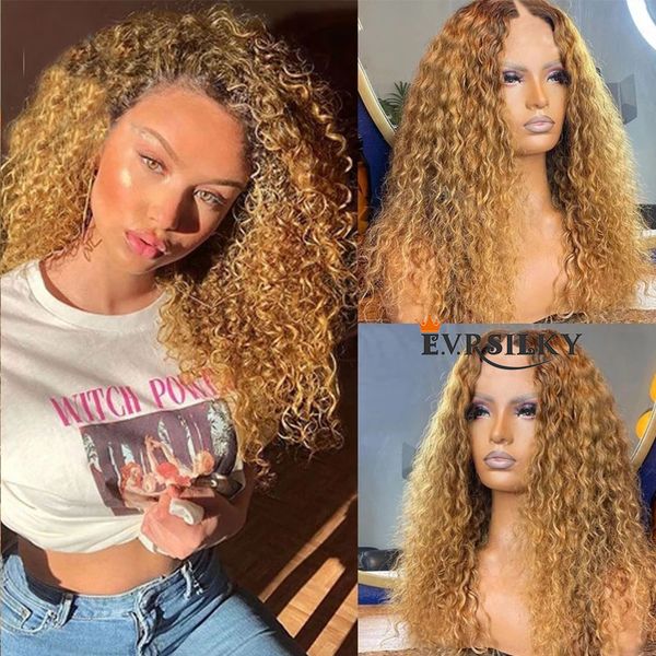 Ombre Honey Blonde Afro Kinky Curly peluca V Parte Wigs100% Peluca de cabello humano Sin procesar Curl hinchable Forma de U Máquina completa Ninguna Encaje