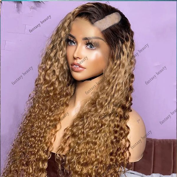 Ombre Honey Blonde Bouncy Curly V Part Perruques Cheveux Humains Golden Brown Glueless U Part Perruque Gauche / Droite / Moyenne En Forme 100% Cheveux Remy
