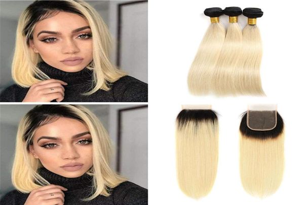 Ombre Honey Blonde Cabello virgen brasileño 3 paquetes con cierre de encaje 4x4 1B613 Ombre Tejido de cabello humano recto con cierre 1057851