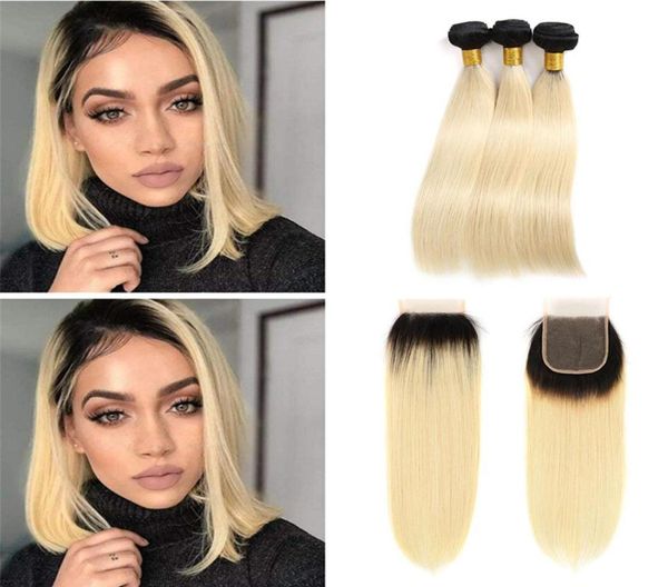 Ombre miel blonde brésilien vierge cheveux 3 paquets avec fermeture en dentelle 4x4 1b613 ombre raide coiffure humaine tissage avec fermeture6599442