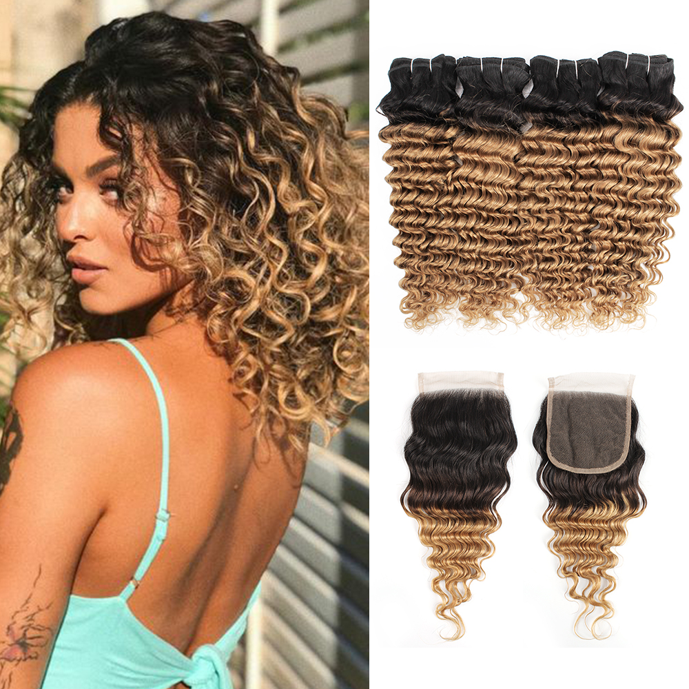Ombre loira curly cabelo pacotes com fecho 1b 27 profunda onda 4 pacotes com 4x4 laço encerramento brasileiro curly remy extensões de cabelo humano