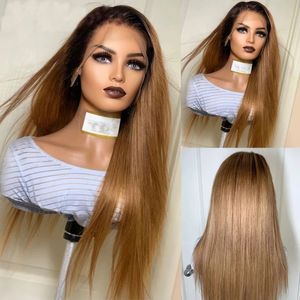Perruque Lace Frontal Wig 360 naturelle brésilienne Remy, cheveux lisses, blond miel ombré, pre-plucked, nœuds décolorés, pour femmes