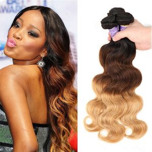 Ombre Extensiones de cabello humano Brasileño Peruano Malasio Onda del cuerpo Tres tonos Marrón Rubio 1B / 4/27 # Color Remy Hair Weave 3 Bundles