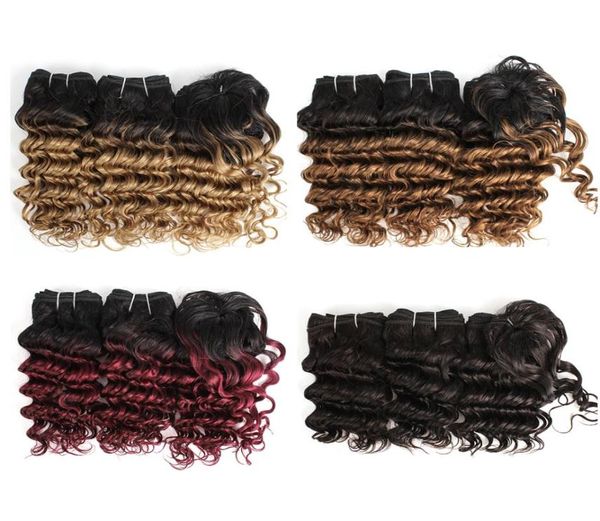 El cabello humano de Ombre teje paquetes de cabello rizado de onda profunda india 810 pulgadas 3 piezas Conjunto de extensiones de cabello humano de vino tinto rubio 166 g Set4537105