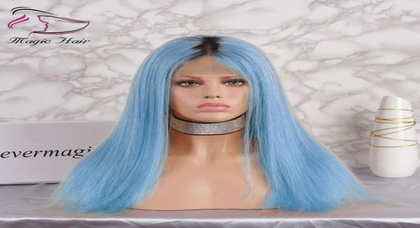 Ombre azul claro sin cola pelucas llenas del cordón del cabello humano con el pelo del bebé pre arrancado pelucas delanteras del cordón del pelo virginal brasileño de la densidad 1306187909