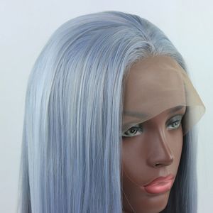 Ombre Light Blue Mix Grey Long Straight Hand Atado Sintético Lace Front Peluca Glueless Fibra resistente al calor Cabello para mujeres negras blancas Pelucas