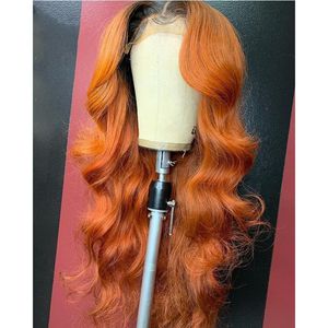 Orange 13 * 4 Lace Front Human Hair Wig Two Tone Remy Hair Body Wave Wigs With Baby for Femmes