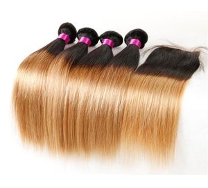 Ombre Péruvienne Cheveux Faisceaux Avec Fermeture Blonde Péruvienne Vierge Extensions de Cheveux Humains 1B427 1B27 Ombre Cheveux Raides Et Closur5417398