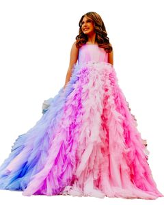 Ombre roze meisje optochtjurk 2023 Crystal Sash Ballgown Square kleine kinderen verjaardag formele feestjurk peuter tieners blauwe multi contrasterende kleur gegolfd tier tule