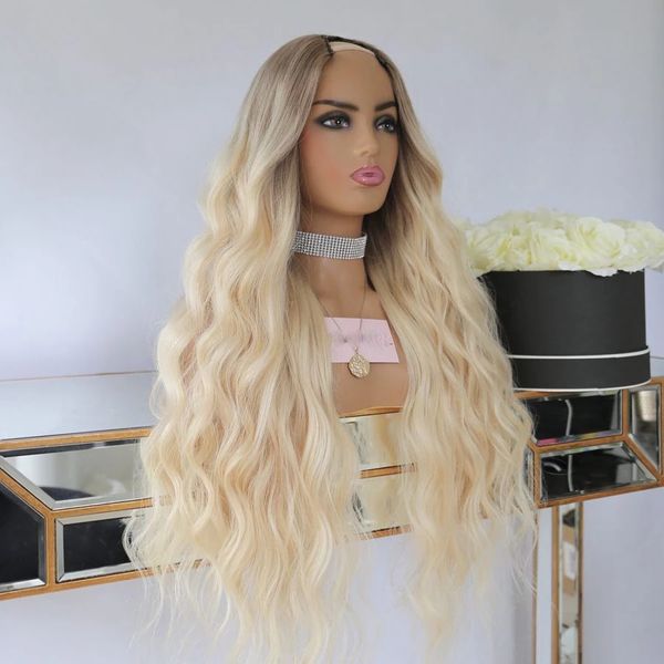 Ombre Platinum Blonde Rose Wavy U Part Pelucas 2x4 Peluca de cabello humano abierto medio para mujeres Brazilian Remy 250density Full Machine Made 100% sin procesar