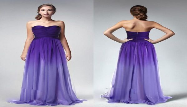 Ombre púrpura barato una línea vestidos largos de dama de honor cariño sin espalda sin mangas acanalado vestidos de dama de honor baratos por encargo niñas 7954474