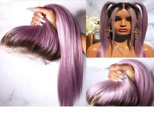 Ombre Purple Human Hair Wig Purple rechte kanten voorpruik met babyhaar Braziliaanse Remy Transparante kanten pruiken voor vrouwen5929523