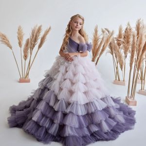 Robes de fille de fleur rose violet ombré pour le mariage 2022 robe de bal une épaule volants jupes à plusieurs niveaux robes de concours en bas âge robe de soirée formelle d'anniversaire pour enfants en tulle