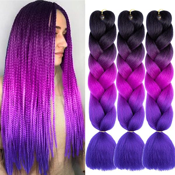 Ombre Rainbow Extensiones de cabello trenzado 24 pulgadas Fibra sintética de alta temperatura Jumbo Trenzado de cabello Trenzas de ganchillo Cabello para mujeres J3