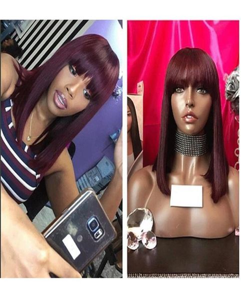 Ombre rouge Bob perruques avec frange 13x6 dentelle avant perruques de cheveux humains indien Remy cheveux droite pleine pour les femmes avec Bang noir Hair3115964