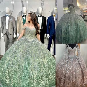 Robe de Quinceanera à paillettes ombrées, manches cloche, bal de débutante, coing mexicain à paillettes, robe de fête d'anniversaire 15/16 pour 15e fille, drame d'hiver, bal de promo, gala, nœud