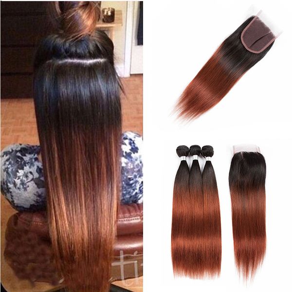 Ombre Straight T1B / 33 # Dark Root Auburn Bundles de cheveux humains avec fermeture à lacets Tissage de cheveux humains péruviens colorés avec fermeture