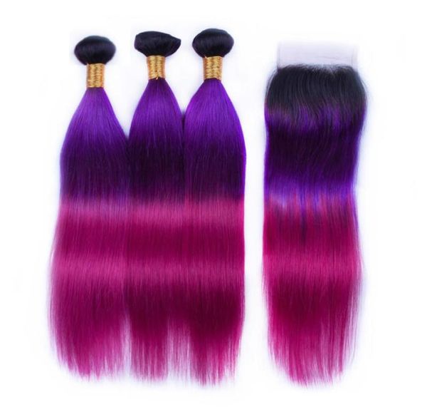 Ombre T 1BPurple Rose Red Straight Remy Cabello humano teje con cierre de encaje 4X48780350