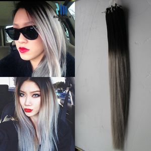 Ombre T1B / Grijs Straight Silver Ombre Micro Hair Extensions 100% Human Micro Bead Links Machine Made Remy Hair Extension