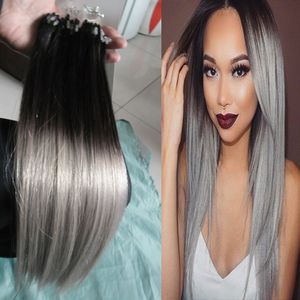 Ombre T1B / Grijs Straight Silver Ombre Micro Loop Menselijk Hair Extensions 100% Human Micro Bead Links Machine Made Remy Hair Extension