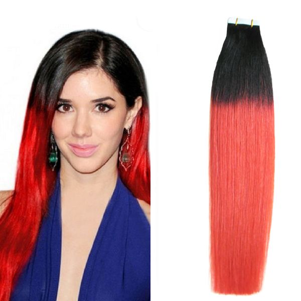 Ombre Tape Extensions de Cheveux Humain T1B / Red Tape in Remy India Extensions 100g Peau Trame Bande Extensions de Cheveux Vierge Cheveux Raides 40pc