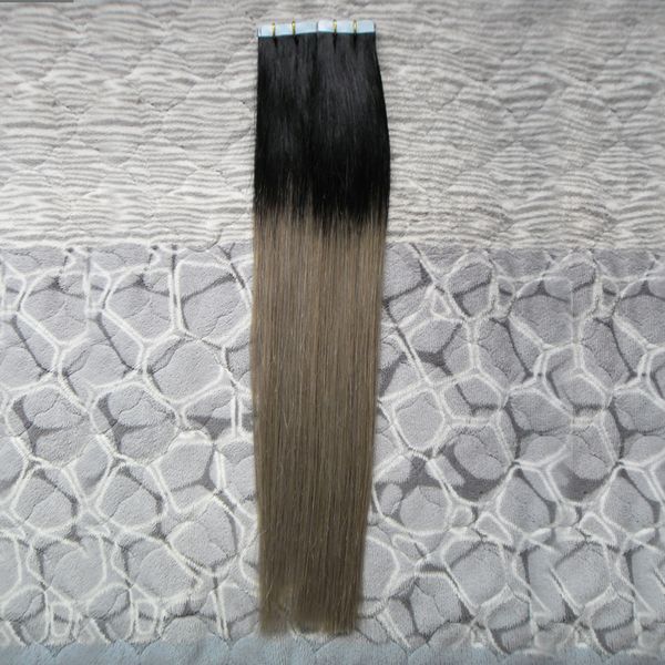Ombre Tape Hair T1B extension de ruban gris argenté 40 pièces paquet adhésif cheveux sans couture 100 grammes 10 