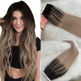 Ombre Tape in Human Hair Extensions Zwart Fading tot Ash Blonde Balayage Naadloze Tape op Haarverlenging 100g / 40st