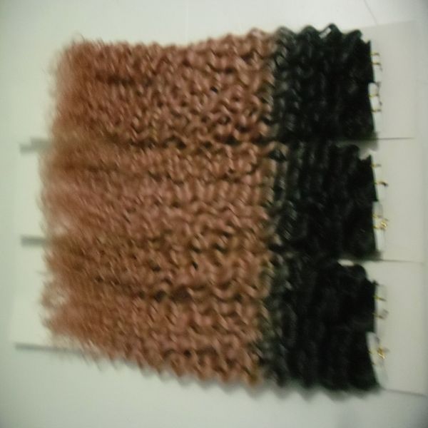 Ombre Tape In Human Hair Extensions Extensions de cheveux bouclés crépus T1B / 27 Cheveux humains sur ruban adhésif PU Trame de peau Invisible 120pcs 16 18 20 