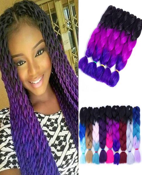 Ombre Tres dos colores Mix Kanekalon Braiding Hair Synthetic Jumbo Braids Extensiones de cabello de 24 pulgadas trenzas de crochet de cabello Allanal9009088