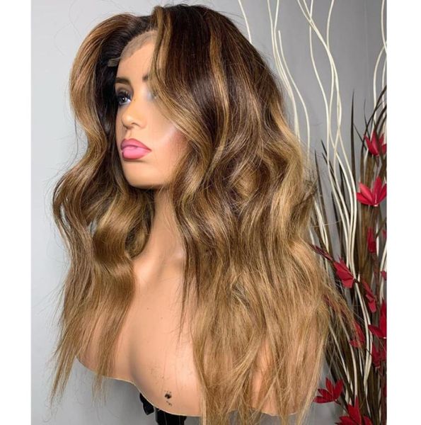 Pelucas de cabello humano con frente de encaje ondulado Ombre con pelo de bebé 360 Frontal marrón miel sin cola pelucas de encaje completo con parte superior de seda para mujeres 3766167