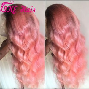 Perruque Lace Front Wig synthétique rose ombré, perruques de fête résistantes à la chaleur, longues ondulées faites à la main
