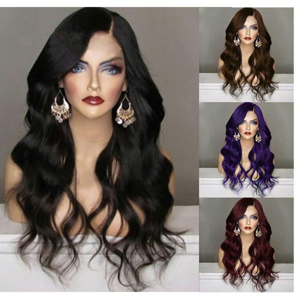 Pas cher Ombre perruque violet longue ondulée perruque Sexy corps vague fibre cheveux résistant à la chaleur Gluelese synthétique dentelle avant perruques pour les femmes noires FZP28