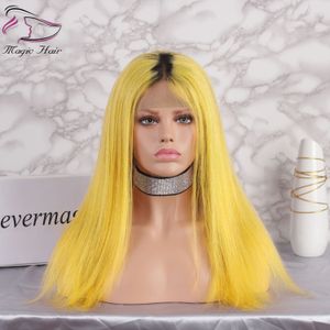 Ombre jaune couleur sans colle pleine dentelle perruques de cheveux humains avec des cheveux de bébé pré-cueillis 130% densité brésilienne vierge cheveux dentelle avant perruques