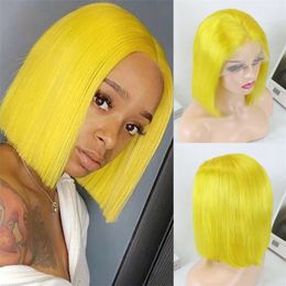 Ombre jaune couleur 100% perruques de cheveux humains dentelle frontale perruque courte droite Bob perruque de haute qualité