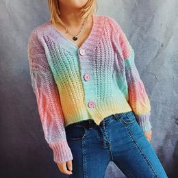 Omchion sweters vrouwen Invierno herfst losse regenboog gradiënt kort vest v-hals met lange mouwen trui trui jas gebreide tops 240320