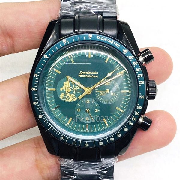 Omega Reloj para hombre Reloj de esfera verde de aviación Reloj de pulsera con correa de acero inoxidable casual de cuarzo mecánico completamente automático serie súper espacial de oro negro para hombre