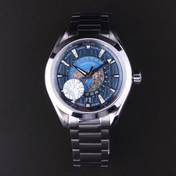 Reloj omega de alta calidad BP Factory World Función de hora para hombre Movimiento suizo Correa de acero de caucho Viajes globales Negocios deportivos de ocio Aguamarina azul Nuevo debut de lujo