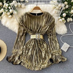 Omen goud gedrapeerde feestjurk met winkels vrouwelijk elegante ronde nek flare lange mouw bling vintage mini vestidos lente herfst 2022