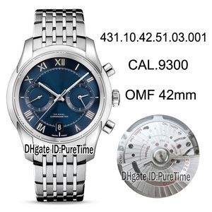 OMF 42mm Steel Case Blue Dial Cal.9300 A9300 Automatische Chronograph Mens Watch 431.10.42.51.03.001 (Black Balance Wheel) Nieuwe Puretime OM12