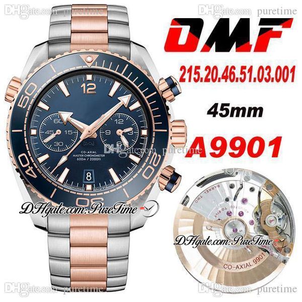 OMF A9901 Reloj cronógrafo automático para hombre Dos tonos Oro rosa Esfera azul Pulsera de acero inoxidable 215.20.46.51.03.001 Super Edition (Black Balance Wheel) Puretime M23