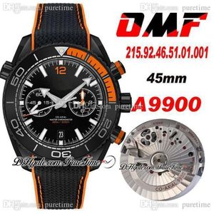 OMF Cal A9900 automatische chronograaf herenhorloge PVD staal zwart oranje gezandstraalde lunette en wijzerplaat nylon rubberen band 215 92 46 51 02137