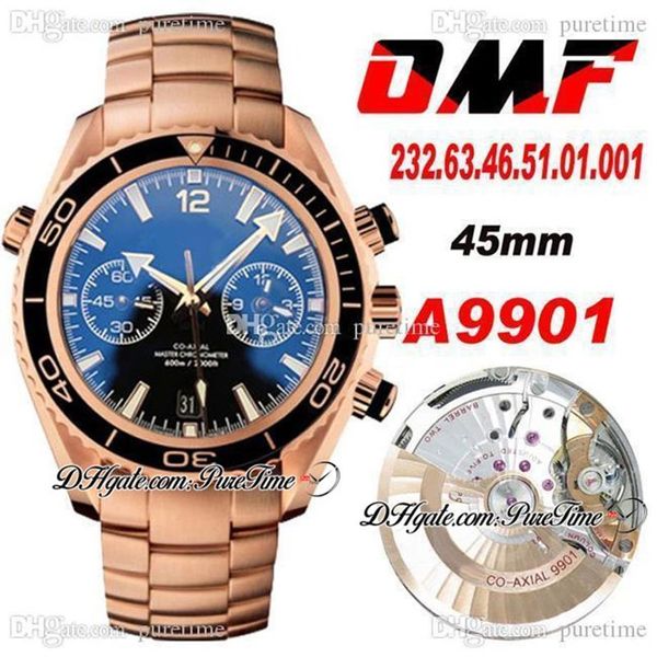 OMF Cal A9901 Cronógrafo automático Reloj para hombre Oro rosa Negro Bisel pulido Pulsera de acero inoxidable 232 63 46 51 01 001 Super E254J