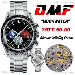 OMF Moonwatch 3577 50 00 Montre chronographe à remontage manuel pour homme Cadran noir Couleur Sous-cadran Bracelet en acier inoxydable Edition Pure286e