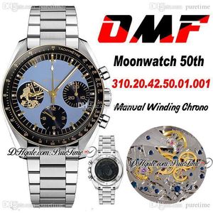 OMF Moonwatch Apollo 11 50e verjaardag Limited Handmatige wikkeling Chronograph Mens Horloge Black Dial Ss Armband Best Edition Puretime OM58