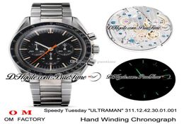 OMF Moonwatch Speedy Dinsdag 2 Ultraman Manual Winding Chronograph Mens Watch Black Dial Roestvrij staal Bracelet Edition New6923272