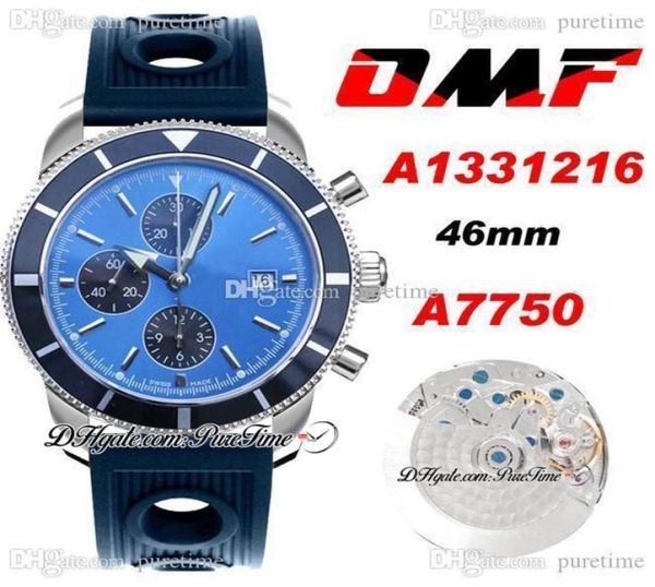 OMF Superocean Herie II A7750 Chronographe automatique Chronograph Mens Watch A1331216 46mm Blue Black Dial Stick Markers Rubber avec trous SU1646566