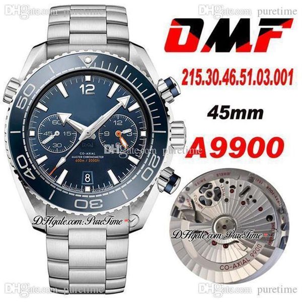 OMF V3 A9900 Montre chronographe automatique pour homme Lunette polie bleue Bracelet en acier inoxydable 215 30 46 51 03 001 Balance noire Whee276U